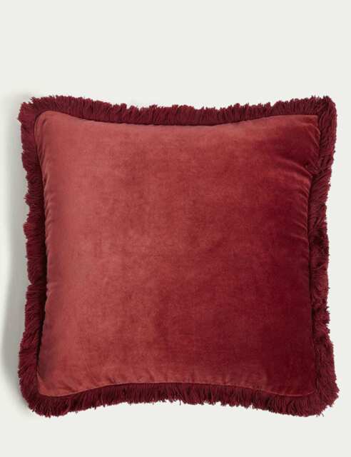M&S Pure Cotton Velvet Fringed Cushion Cranberry