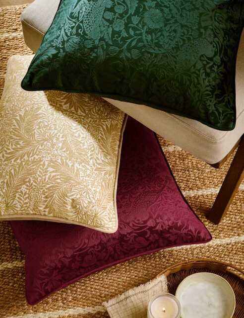 William Morris At Home Velvet Strawberry Thief Cushion Green