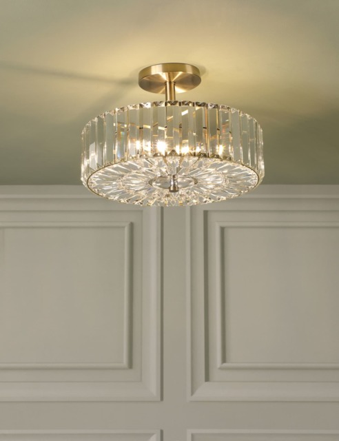 Laura Ashley Fernhurst Crystal Semi Flush Ceiling Light Antique Brass