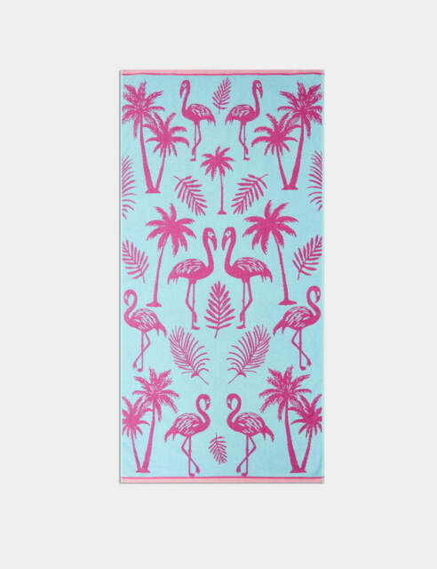 M&S Pure Cotton Flamingo Beach Towel Teal Mix