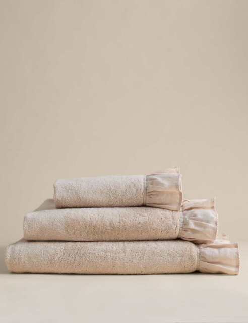 M&S Pure Cotton Ruffle Towel with Linen Border Light Buff