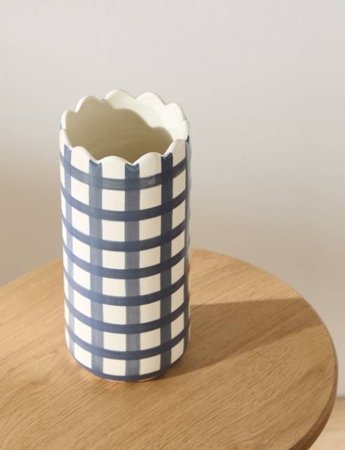 M&S Collection Kirsten Ceramic Checked Vase - Blue/White, Blue/White
