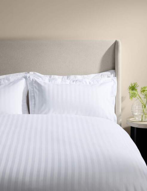 M&S X Kelly Hoppen Pure Cotton Satin Striped Bedding Set White