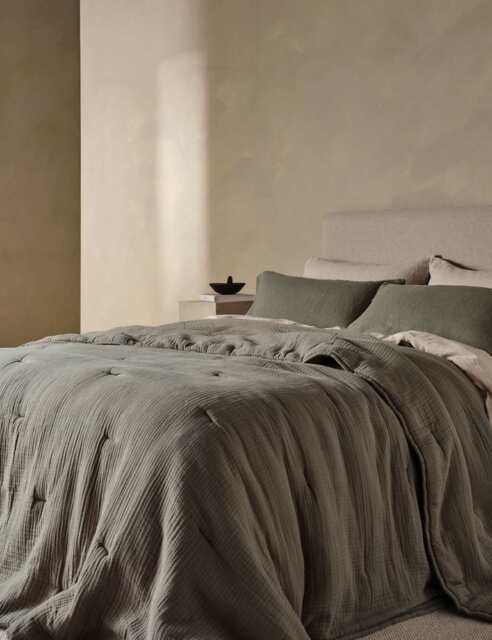 Bedfolk Pure Cotton Stitched Quilted Throw Khaki
