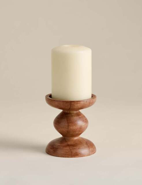 M&S Bobbin Wooden Pillar Candle Holder Natural