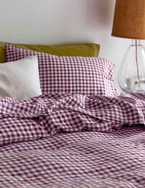 Piglet In Bed Pure Linen Gingham Flat Sheet Purple Mix