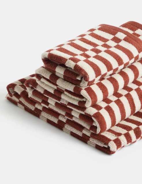 M&S Pure Cotton Geometric Check Towel Clay