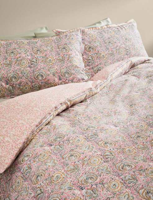 M&S Pure Cotton Woodblock Floral Bedding Set Pink Mix