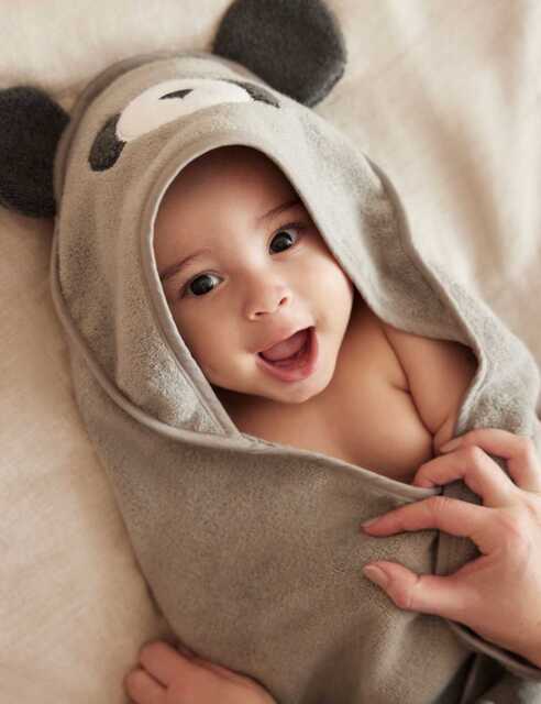 MORI Pure Cotton Panda Hooded Baby Towel Grey Mix