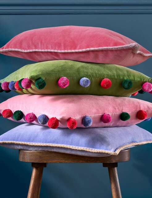 Bluebellgrey Pure Cotton Velvet Pom Pom Cushion Medium Green