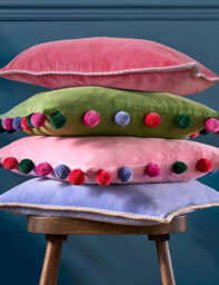 Bluebellgrey Pure Cotton Velvet Pom Pom Cushion Medium Green