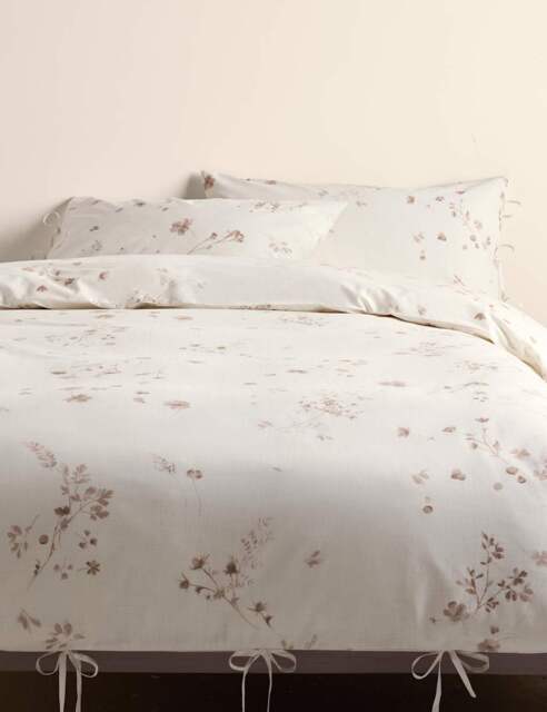 M&S Pure Cotton Pressed Floral Print Bedding Set Biscuit