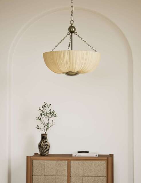 M&S Pleated Fabric Uplighter Pendant Light Antique Brass