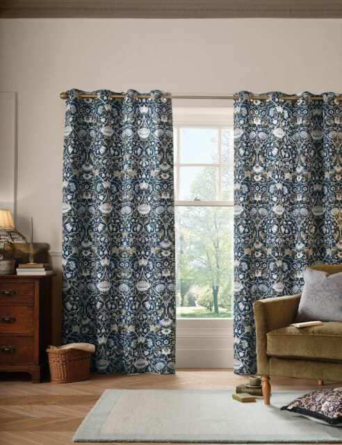 William Morris At Home Lodden Pure Cotton Eyelet Curtains Blue Mix