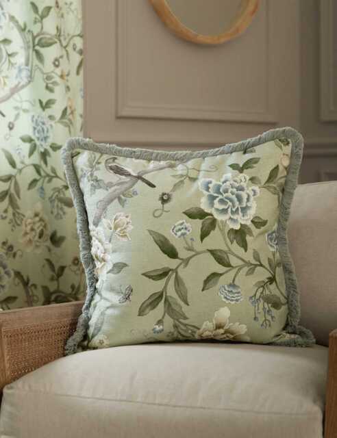 Sanderson Chenille Porcelain Garden Cushion Green Mix