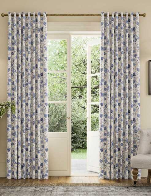 Joules Indienne Pure Cotton Eyelet Blackout Curtains Blue Mix