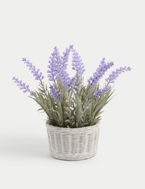 Moss & Sweetpea Artificial Lavender Plant in Resin Wicker Pot - Lilac Shell, Lilac Shell