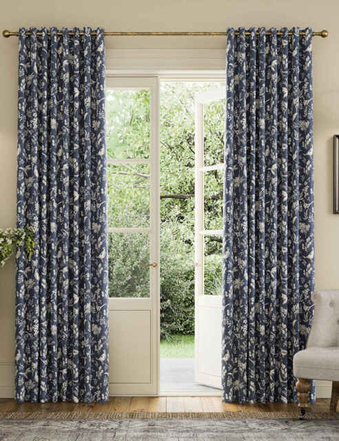 Joules Festival Pheasants Pure Cotton Eyelet Blackout Curtains Navy Mix
