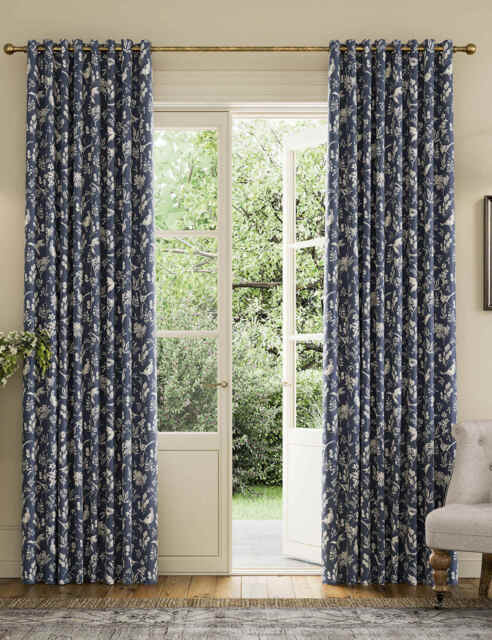 Joules Festival Pheasants Pure Cotton Eyelet Blackout Curtains Navy Mix