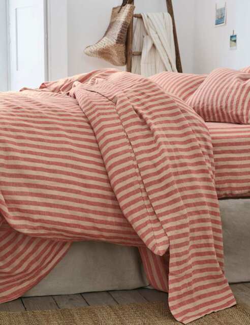 Piglet In Bed Pure Linen Striped Flat Sheet Red Mix