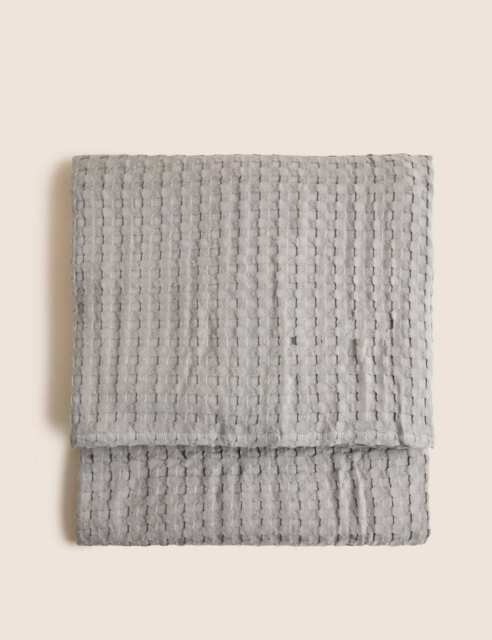 M&S Collection Pure Cotton Large Waffle Throw - Light Grey, Light Grey,Soft White