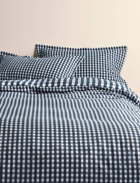 M&S Pure Cotton Gingham Reversible Bedding Set Slate Blue