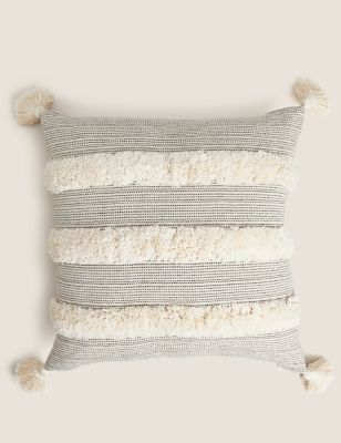 M&S Pure Cotton Tufted Tassel Stripe Cushion - Natural Mix, Natural Mix