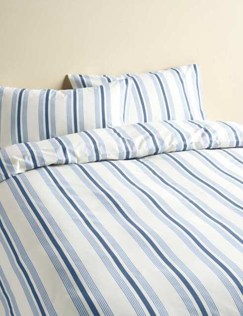 M&S Pure Cotton Striped Bedding Set Slate Blue