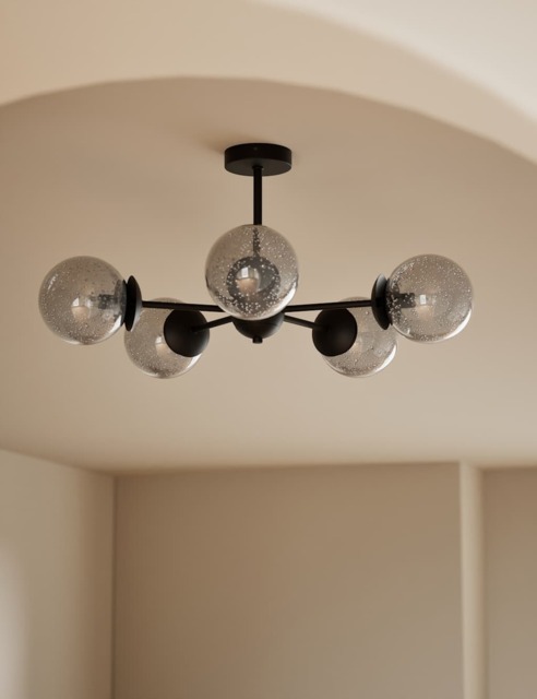 M&S Sputnik Bubble Glass 5 Arm Flush Ceiling Light Black