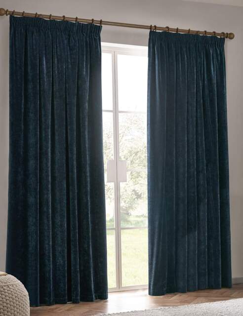 YARD Chenille Velvet Pencil Pleat Curtains Navy