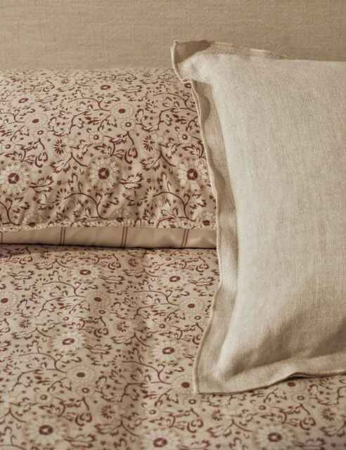 M&S Cotton Rich Woodblock Floral Bedding Set Biscuit