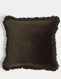 M&S Pure Cotton Velvet Fringed Cushion Dark Green