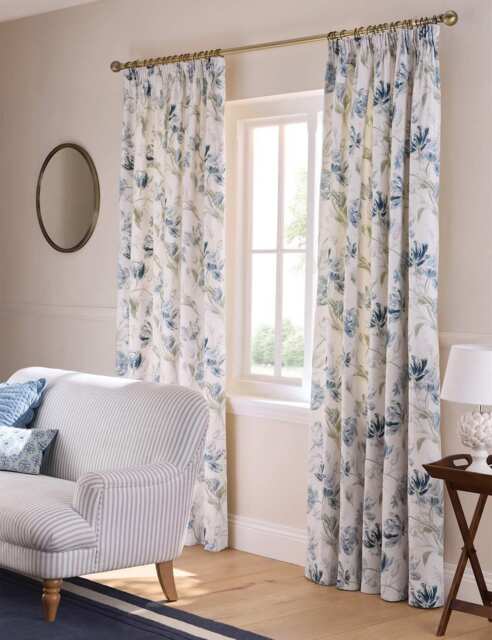 Laura Ashley Gosford Pure Cotton Floral Curtains Blue Mix