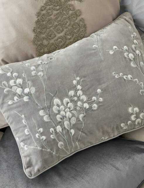 Laura Ashley Pussy Willow Velvet Embroidered Cushion Light Grey Mix