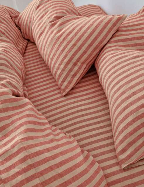 Piglet In Bed Pure Linen Pembroke Stripe Fitted Sheet Red Mix