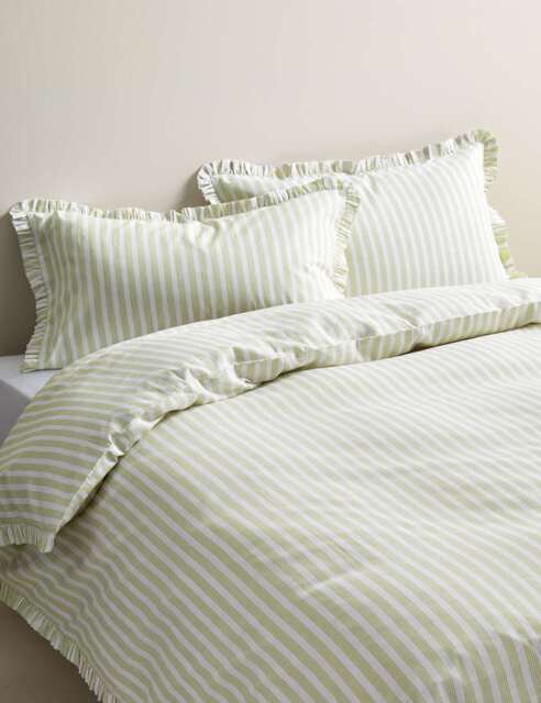 M&S Pure Cotton Narrow Stripe Ruffle Bedding Set Green Mix