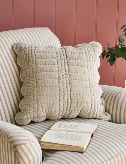 Laura Ashley Velvet Scalloped Cushion Light Grey