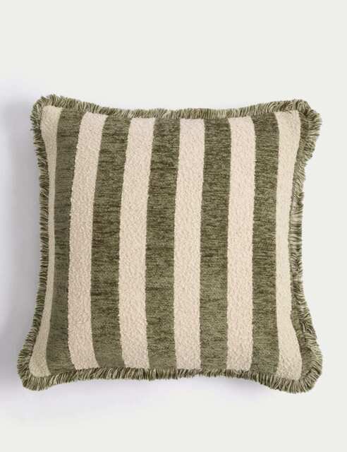 M&S Chenille Striped Fringed Cushion Green Mix