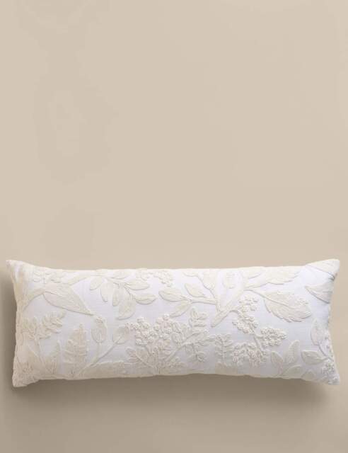 M&S Pure Cotton Floral Embroidered Bolster Cushion White