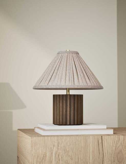 M&S Wood Ribbed Round Table Lamp Brown