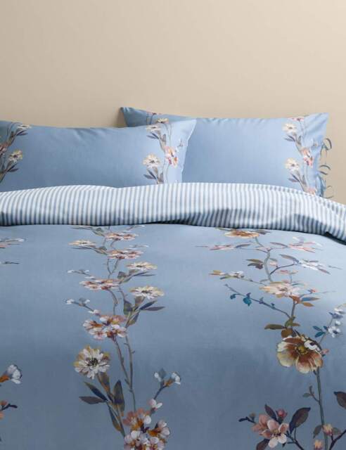M&S Pure Cotton Trailing Blooms Bedding Set Blue Mix