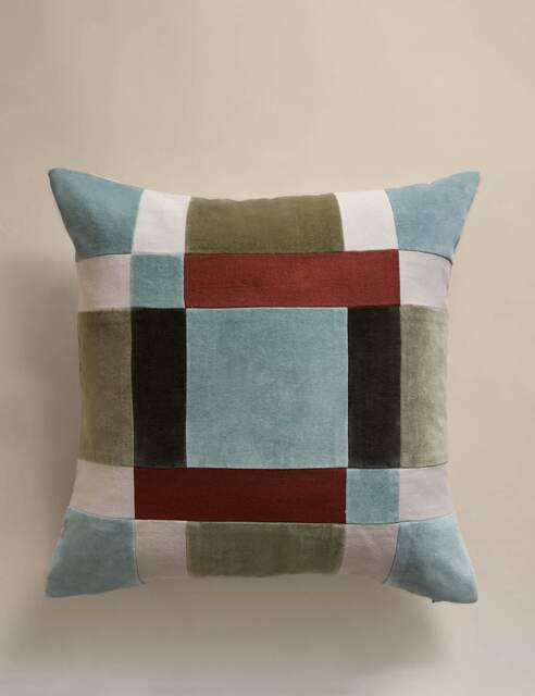 M&S Velvet Patchwork Cushion Green Mix