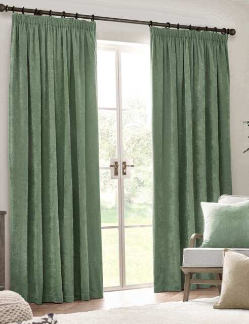 YARD Chenille Velvet Pencil Pleat Curtains Light Green
