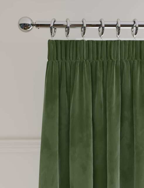 M&S Velvet Pencil Pleat Curtains Green