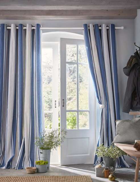 Laura Ashley Tiverton Pure Cotton Striped Eyelet Curtains Blue Mix