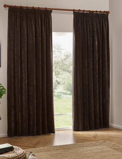 YARD Chenille Velvet Pencil Pleat Curtains Brown