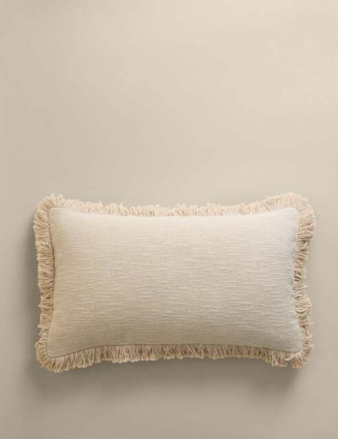 M&S Pure Cotton Textured Fringed Bolster Cushion Ecru