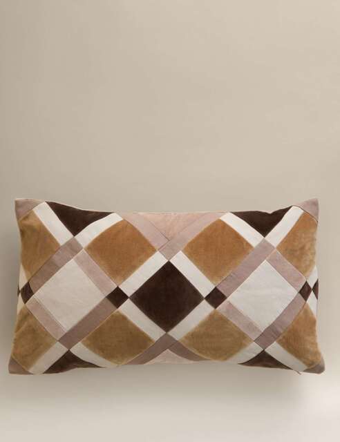 M&S Velvet Geometric Patchwork Bolster Cushion Natural Mix