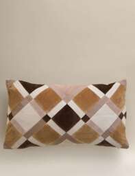 M&S Velvet Geometric Patchwork Bolster Cushion Natural Mix