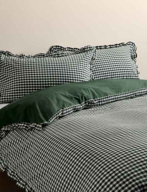 M&S Pure Cotton Gingham Ruffle Bedding Set Green